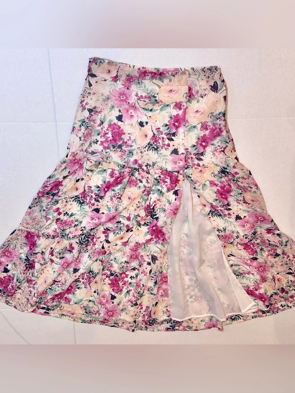 En Saison Fleur Midi Skirt M Free People Pink Floral Tiered Cottagecore Romantic
